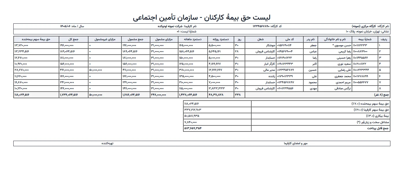 نسخه چاپی فارسی لیست بیمه